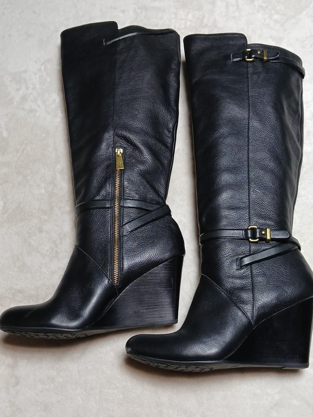 Coach Adair Tall Wedge Black Leather Boots,  Buckles Details Size 10B - Picture 2 of 13